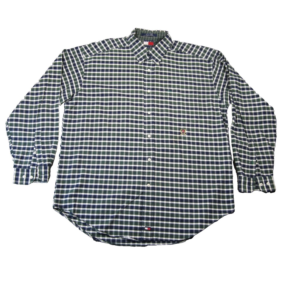 Vtg Tommy Hilfiger Shirt Mens L Green Plaid Check Button Down Crest 90s Preppy